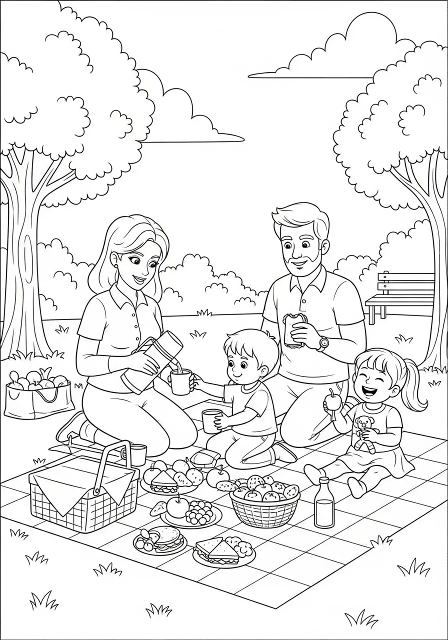Desenho em preto e branco de uma família fazendo piquenique no parque