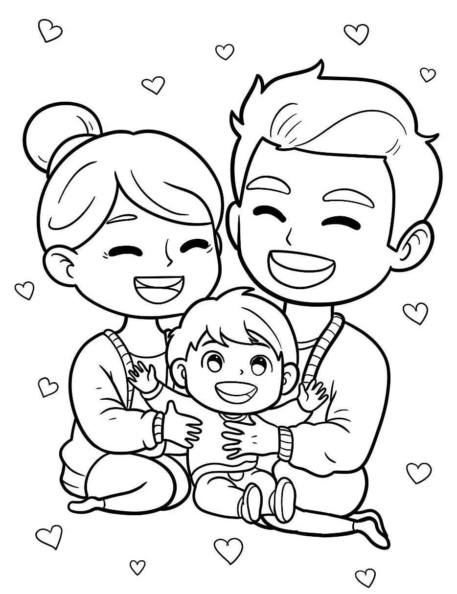 Desenho de uma família sorridente com um bebê para colorir