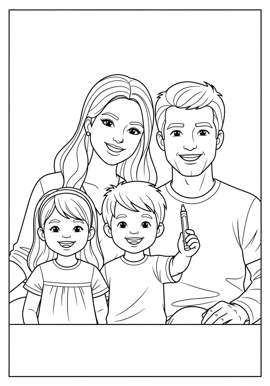 Desenho em preto e branco de uma família sorridente com dois filhos para colorir.