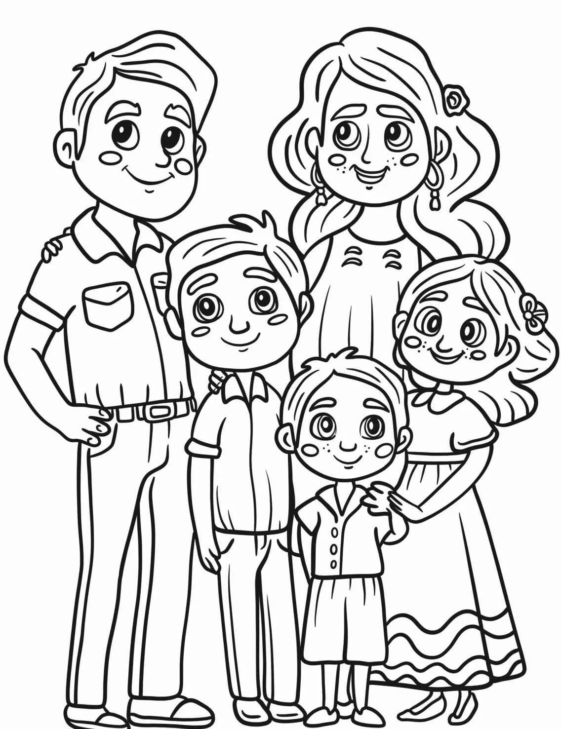 Desenho em preto e branco de uma família sorridente composta por pai, mãe e três filhos.