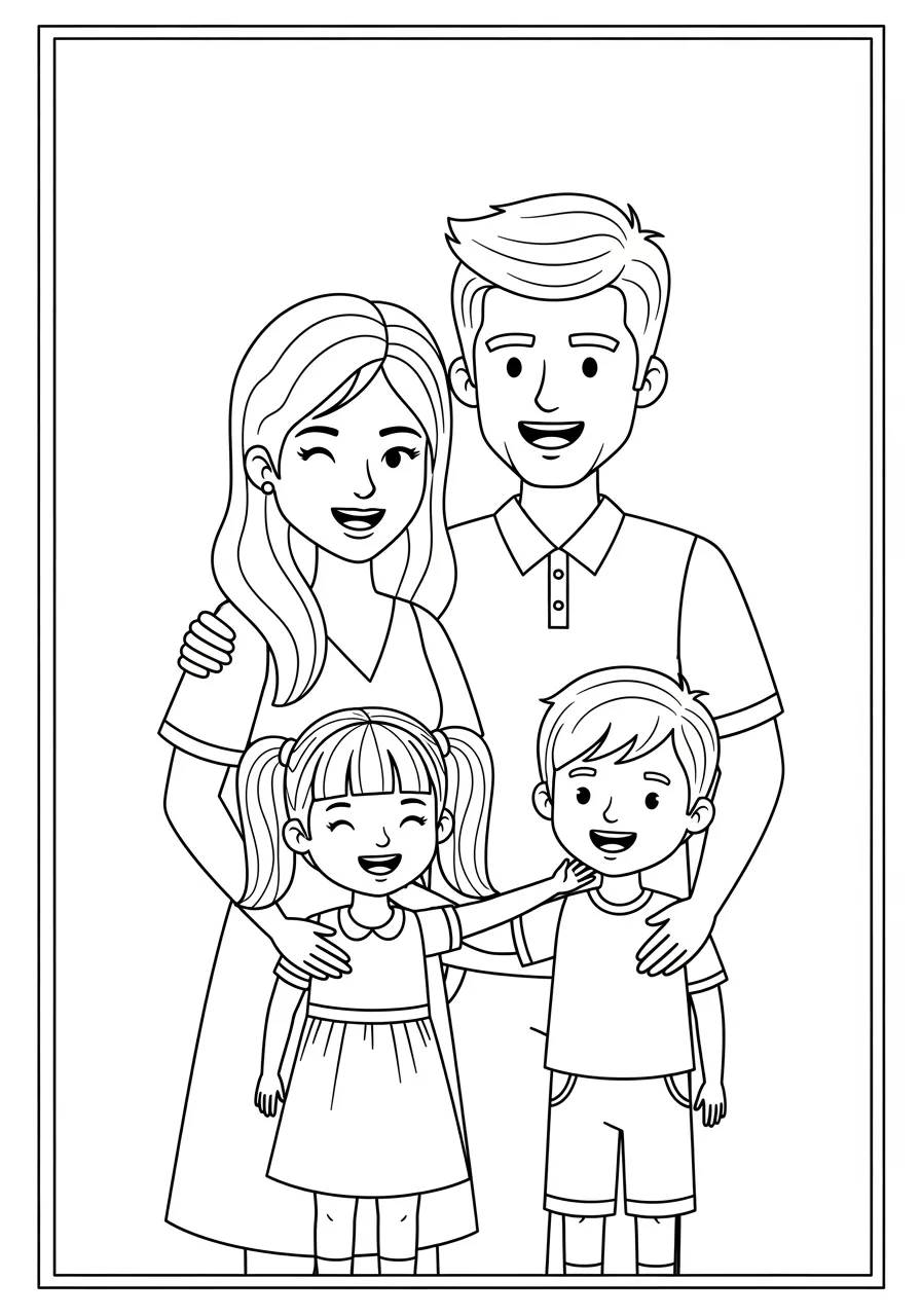 Desenho em preto e branco de uma família sorridente com dois filhos para colorir.