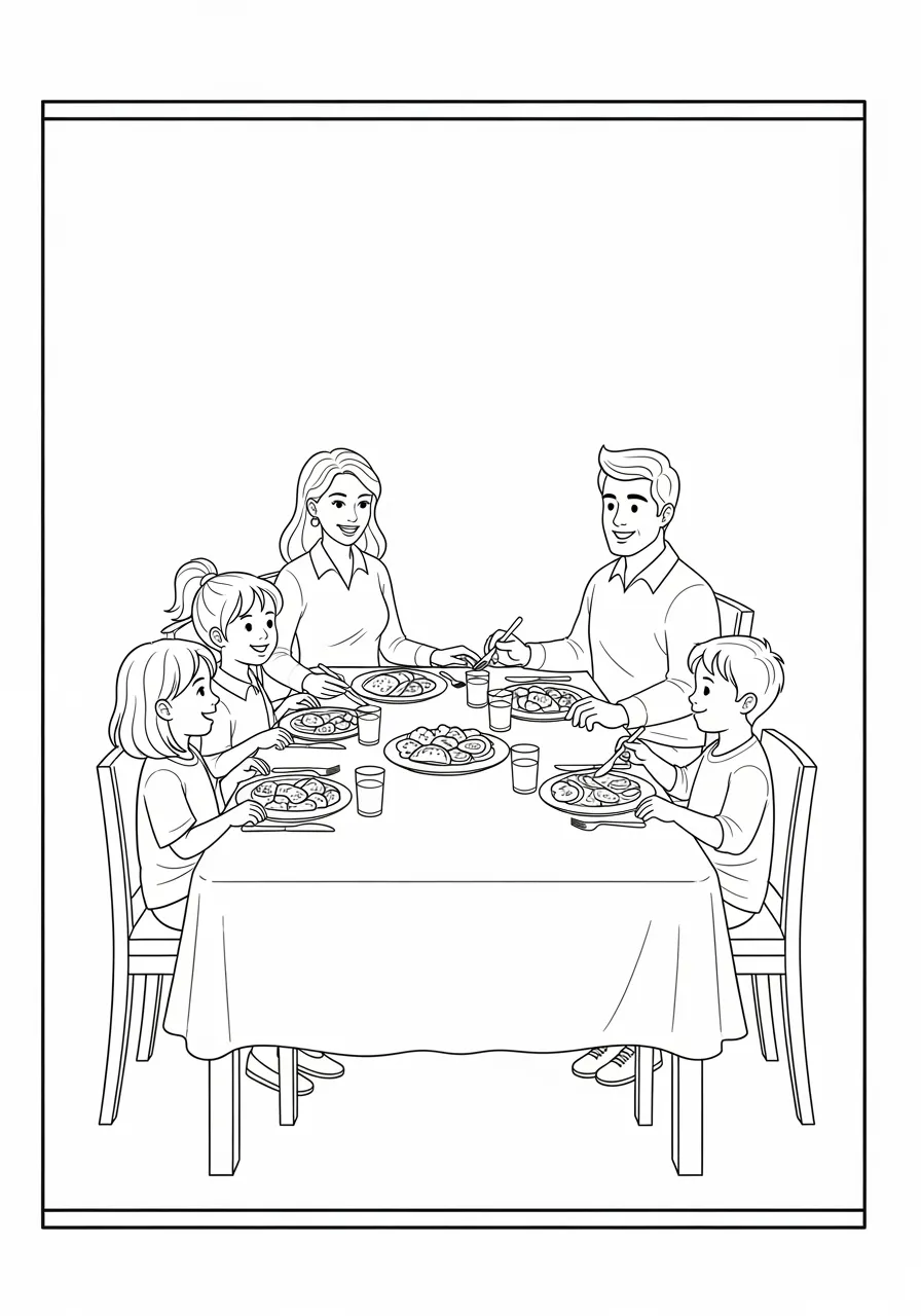 Desenho de uma família reunida à mesa durante o jantar, pronto para colorir.
