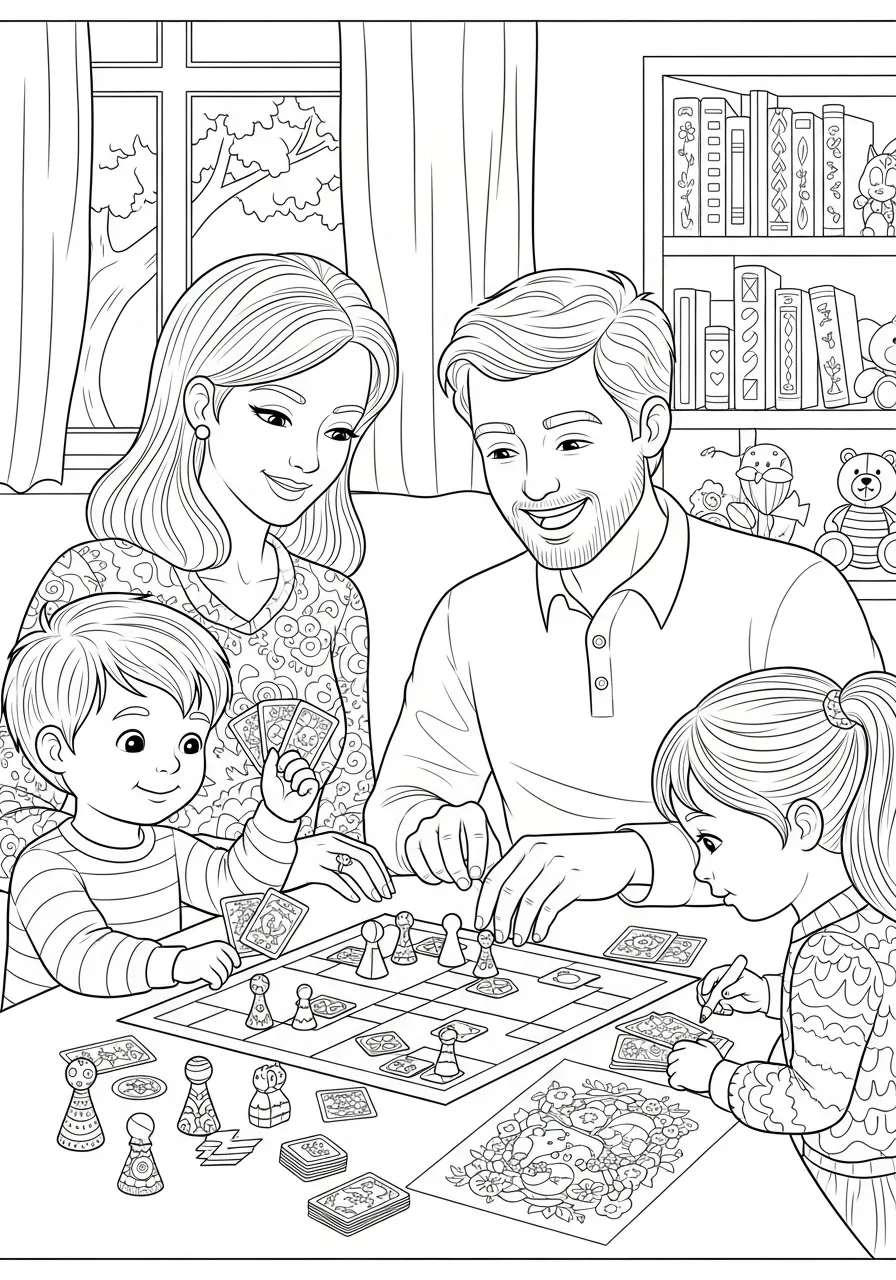 Desenho de uma família se divertindo jogando jogos de tabuleiro em casa