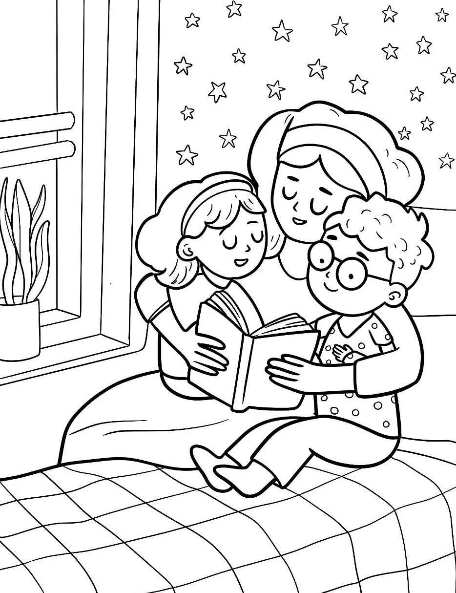 Desenho de uma mãe e duas crianças lendo um livro juntas em um ambiente acolhedor