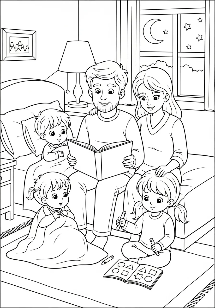 Desenho em preto e branco de uma família lendo um livro juntos na cama