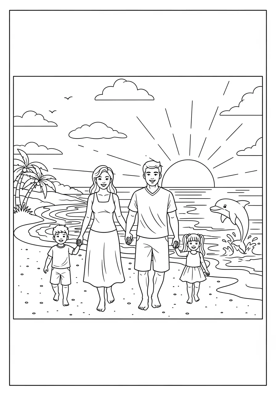 Desenho de uma família caminhando na praia ao pôr do sol
