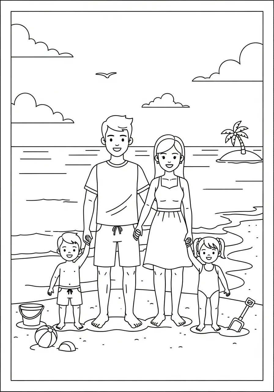 Desenho de uma família na praia com pais e duas crianças segurando as mãos