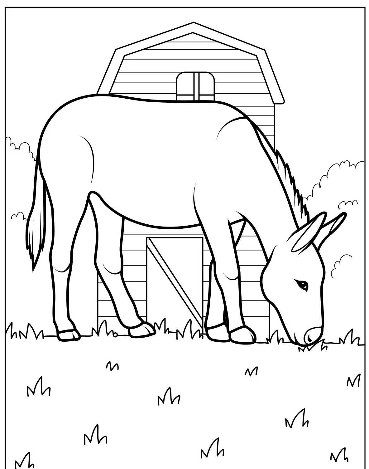 Desenho de um burro pastando em frente a um celeiro, ideal para colorir.