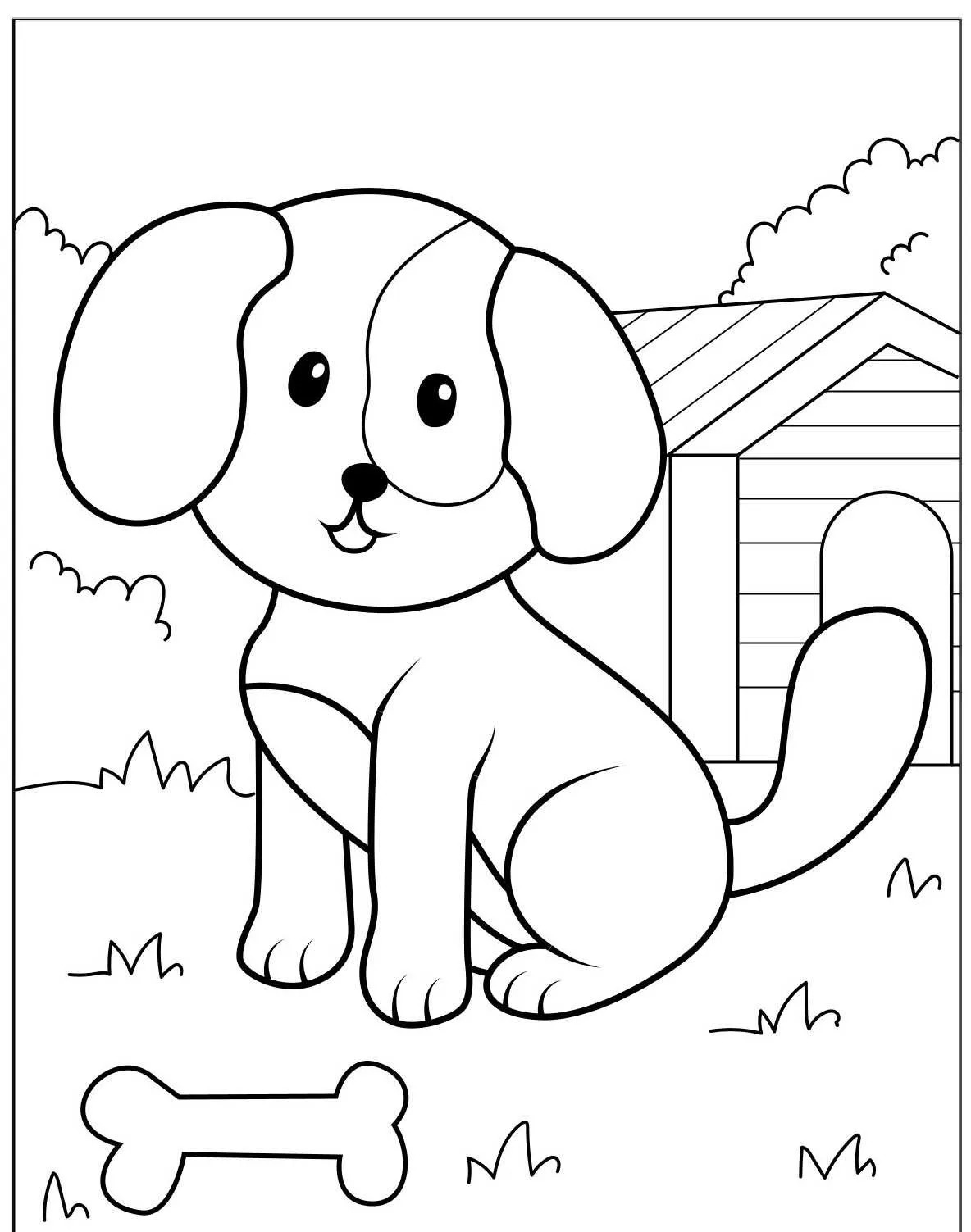 Desenho de um cachorro fofo sentado ao lado de uma casinha e um osso, pronto para ser colorido.