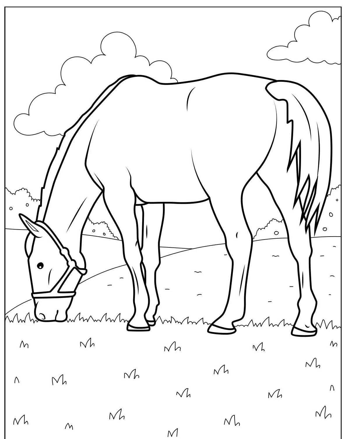 Desenho de um cavalo pastando em uma fazenda para colorir