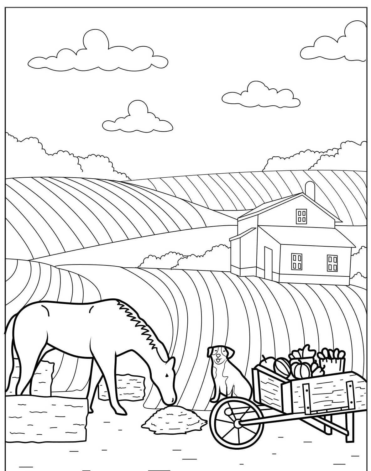 Desenho de uma fazenda com um cavalo e um cão ao lado de uma carroça com vegetais