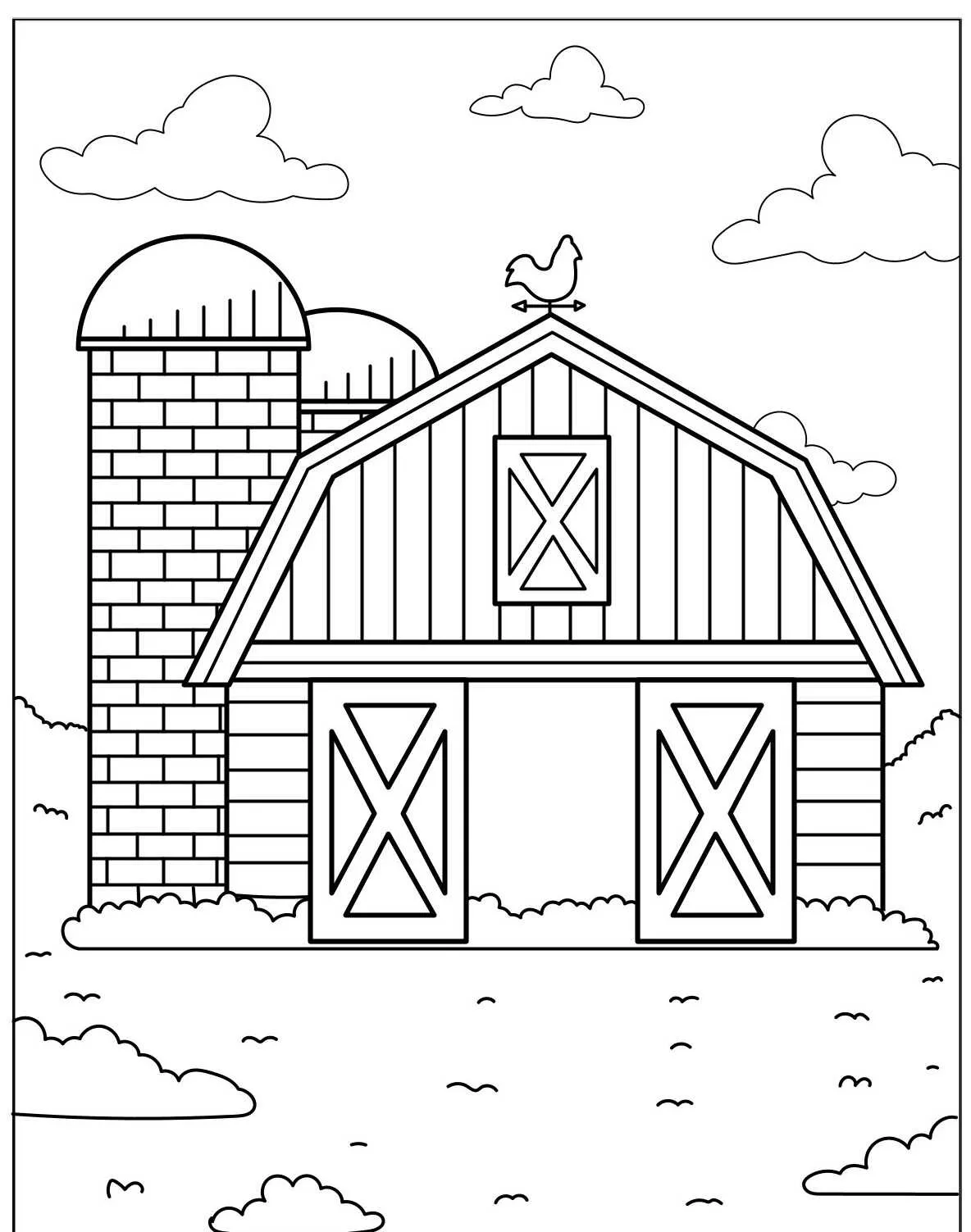 Desenho de um celeiro com uma galinha no telhado, ideal para colorir