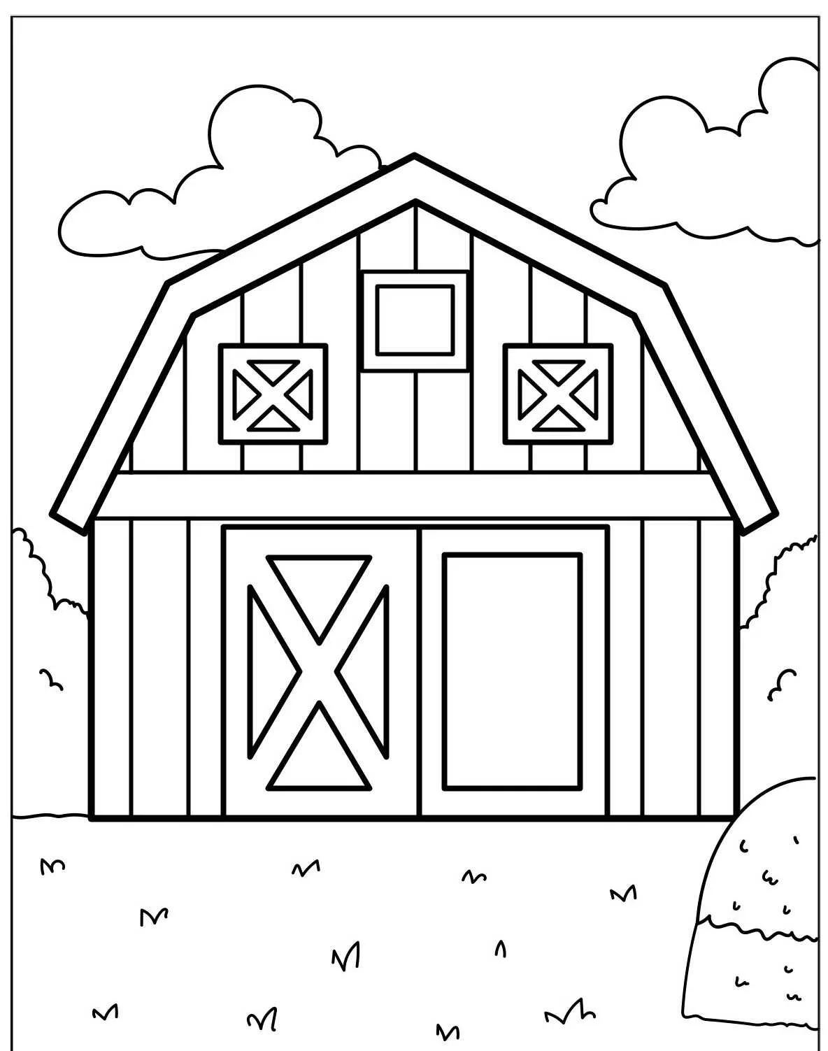 Desenho de um celeiro em uma fazenda para colorir