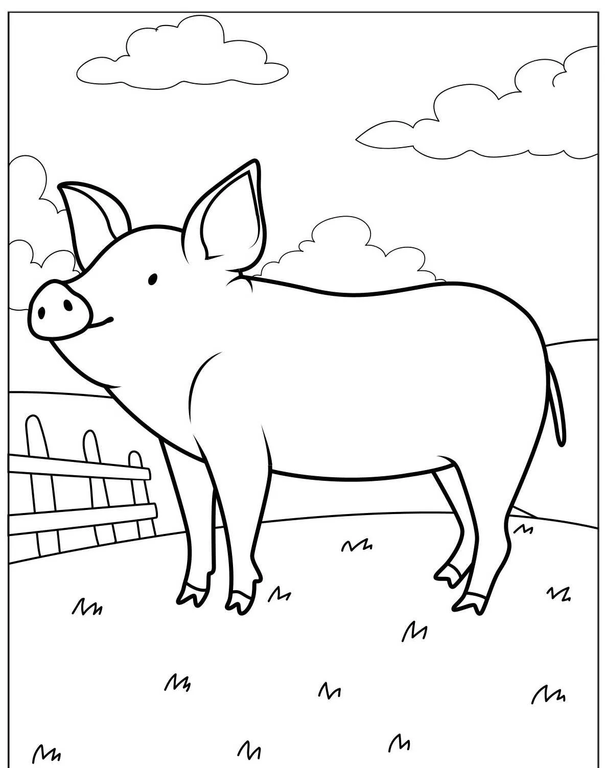 Desenho de um porquinho em uma fazenda para colorir