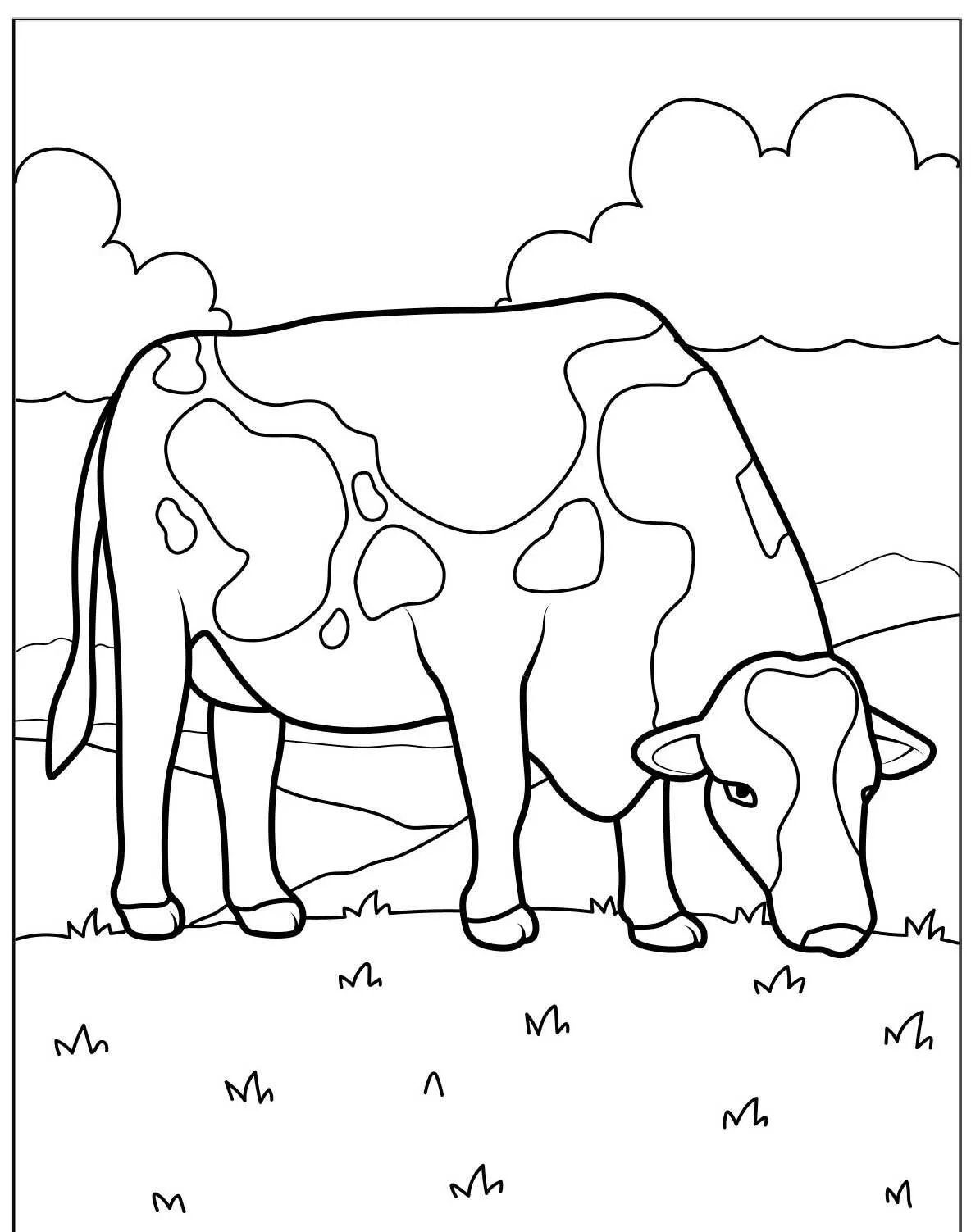 Desenho de uma vaca pastando em uma fazenda