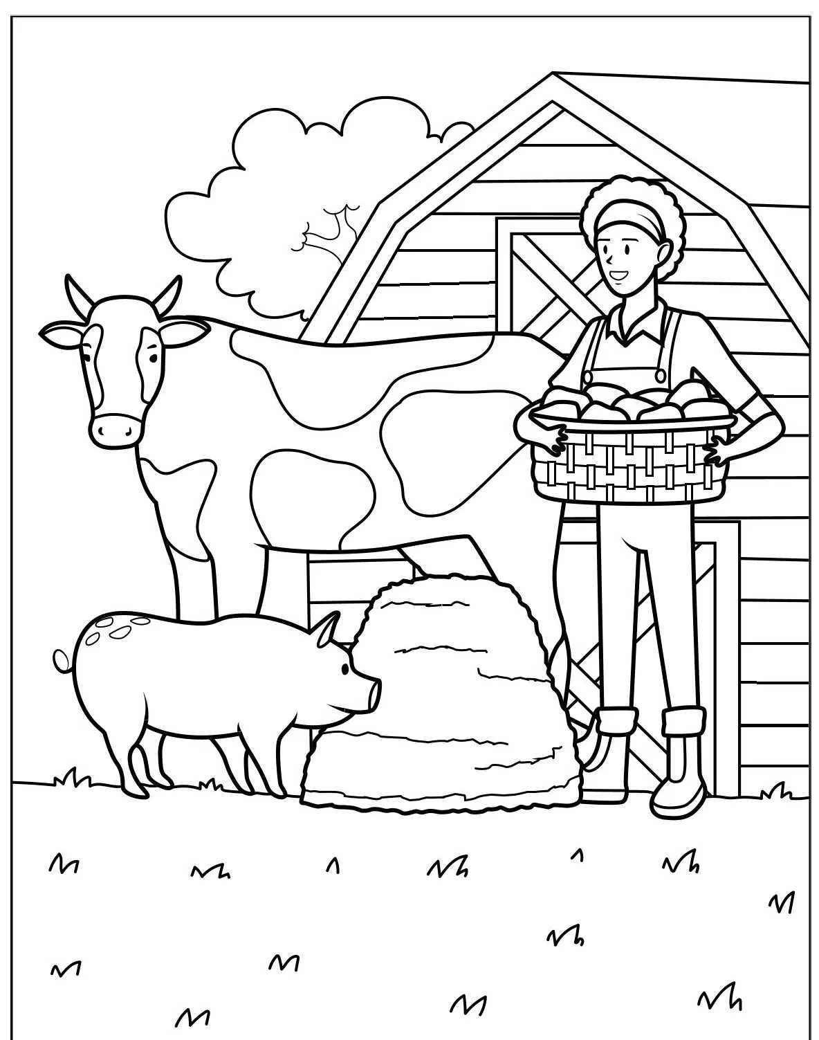 Desenho de uma fazenda com uma vaca, um porquinho e um fazendeiro segurando uma cesta