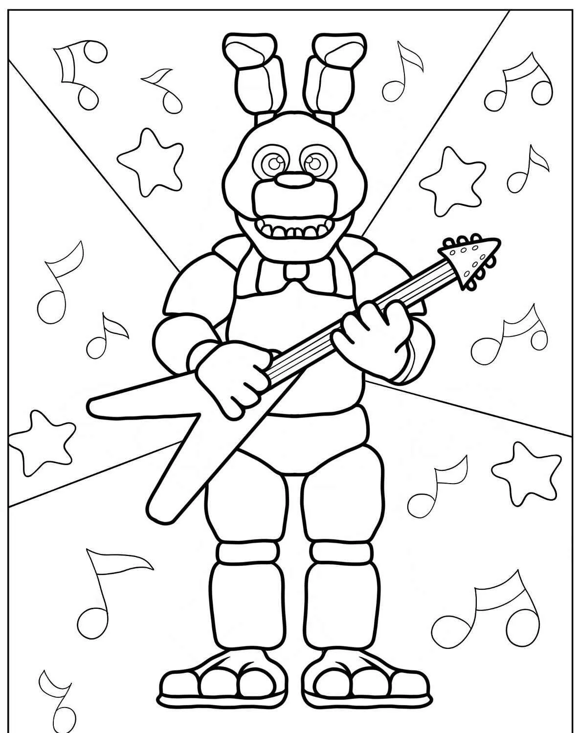 Desenho para colorir do personagem Bonnie, o coelho de Five Nights at Freddy's, segurando uma guitarra