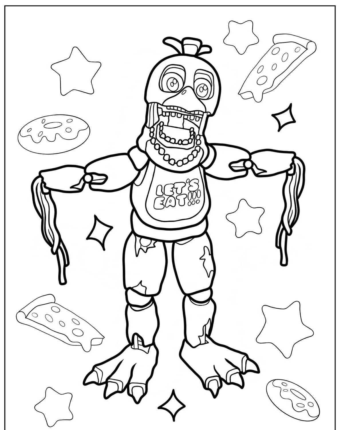 Desenho para colorir da Chica, personagem de Five Nights at Freddy's, cercada por estrelas e comida.