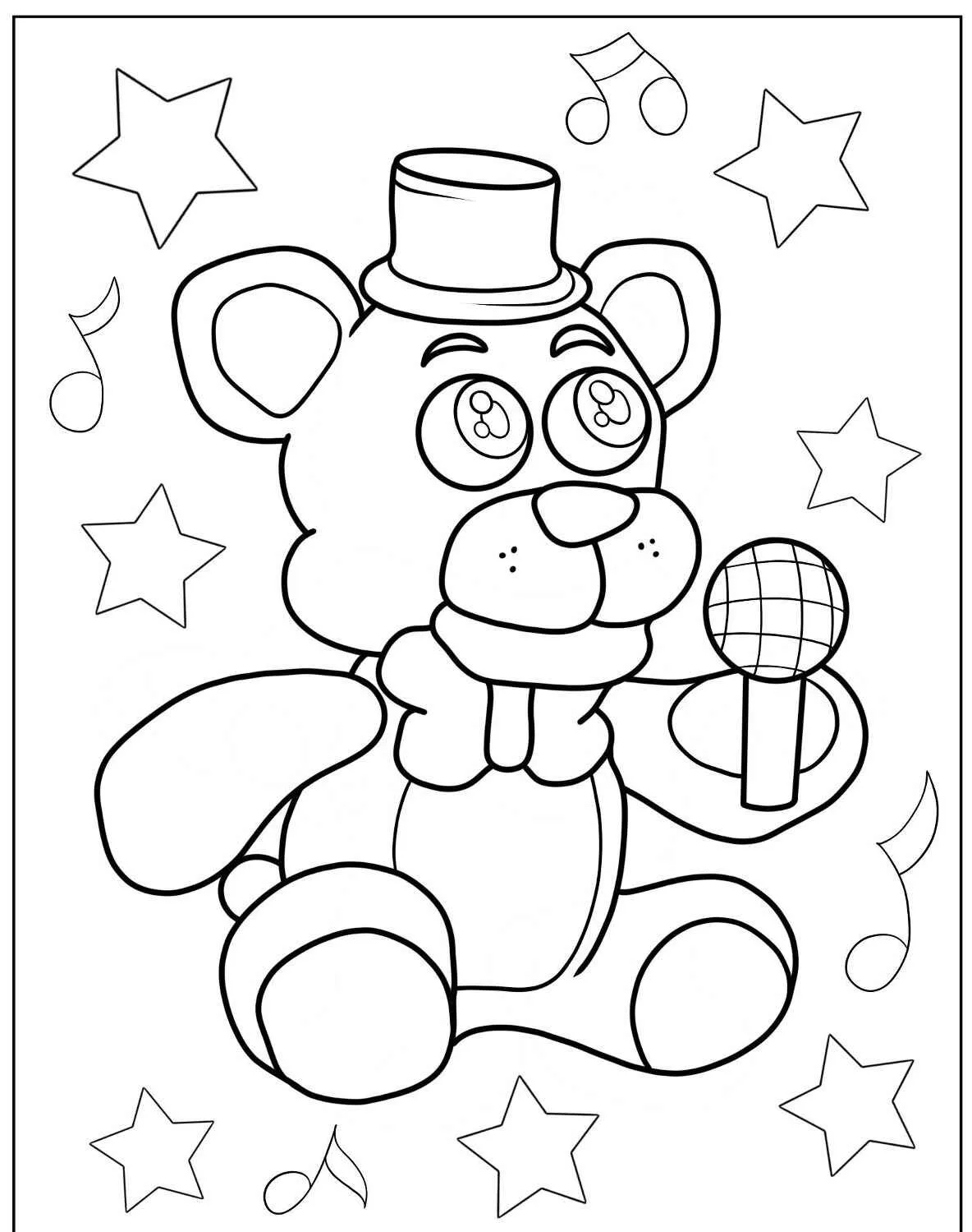 Desenho para colorir do Freddy Fazbear segurando um microfone, com estrelas e notas musicais ao fundo.