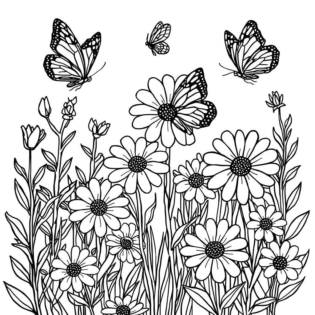 Desenho de flores com borboletas para colorir, ideal para crianças e adultos.