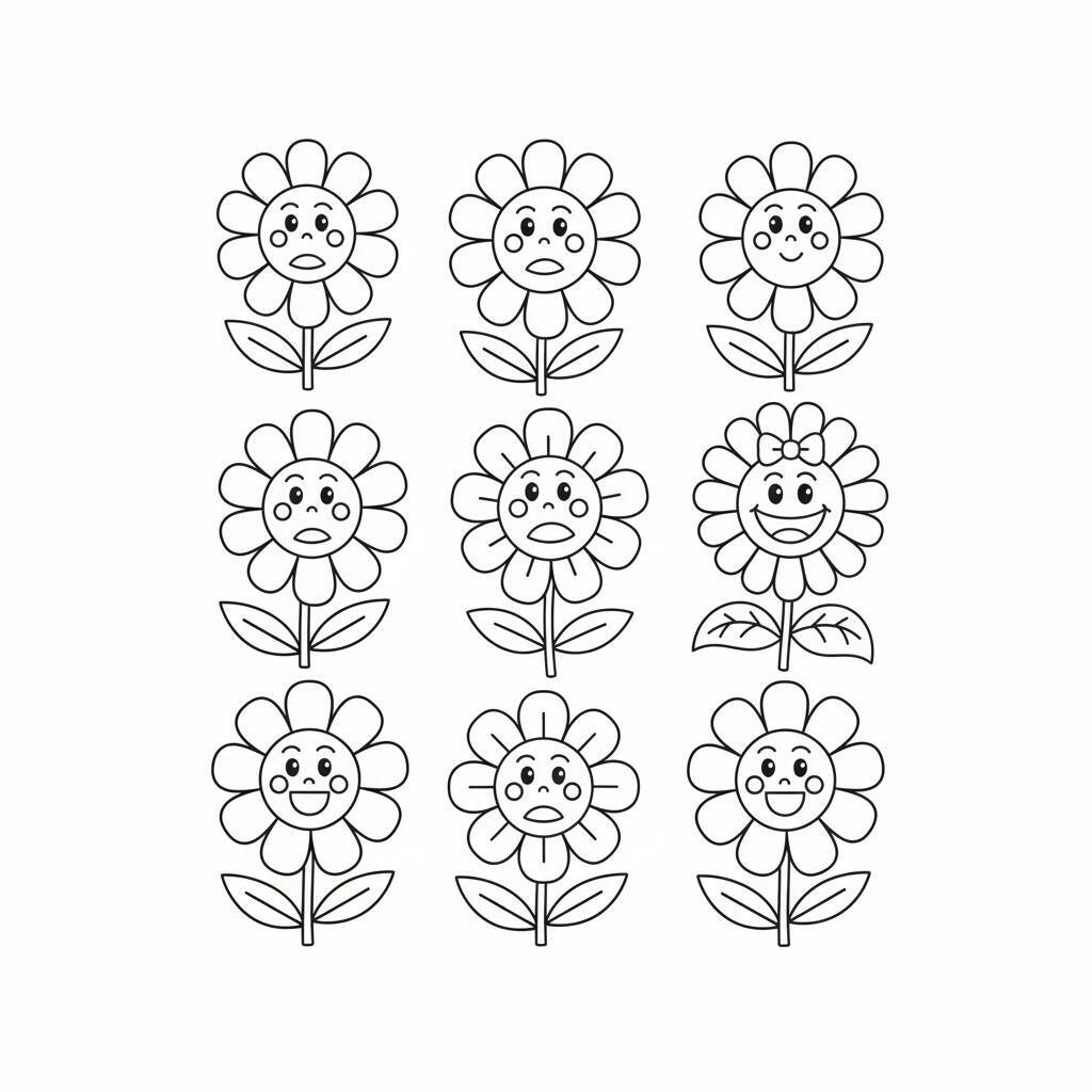 Desenho de flores com rostos sorridentes para colorir