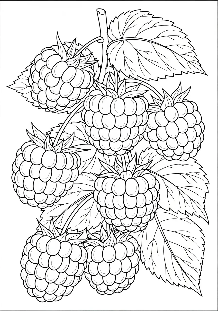 Imagem de um desenho de amoras para colorir com folhas detalhadas
