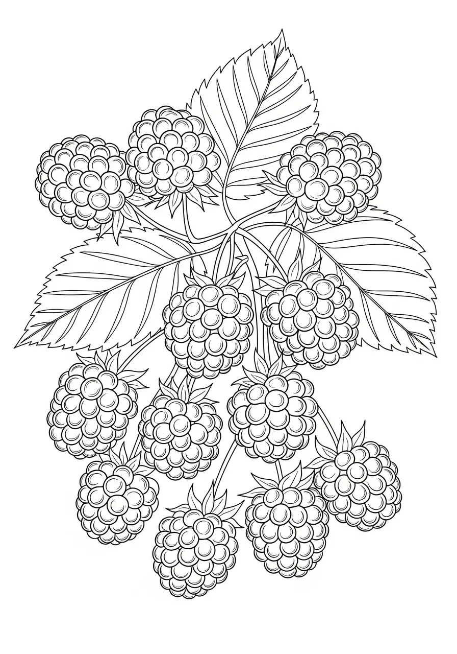 Desenho de amora para colorir com folhas detalhadas