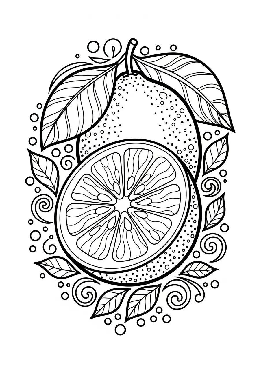 Desenho de uma laranja com folhas para colorir
