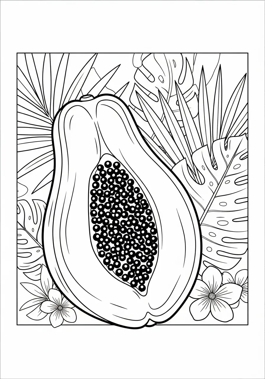 Desenho de um mamão aberto cercado por folhagem tropical para colorir