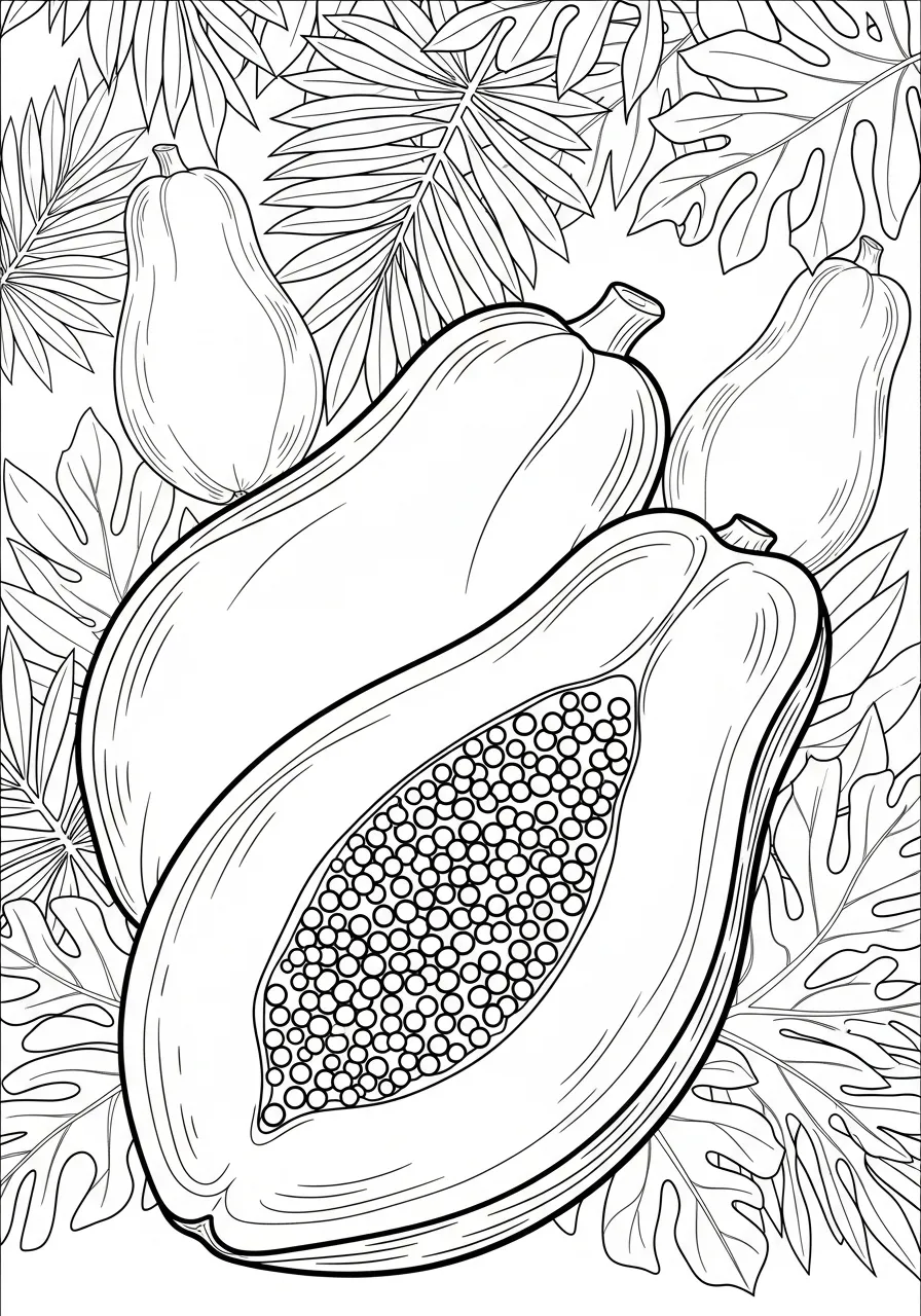 Imagem de um desenho de mamão com folhas para colorir