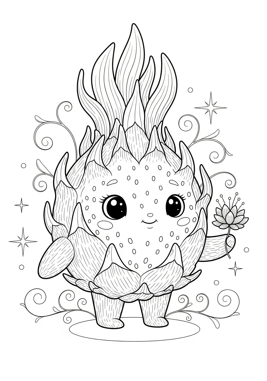 Desenho de uma fruta pitaya com rosto fofo para colorir