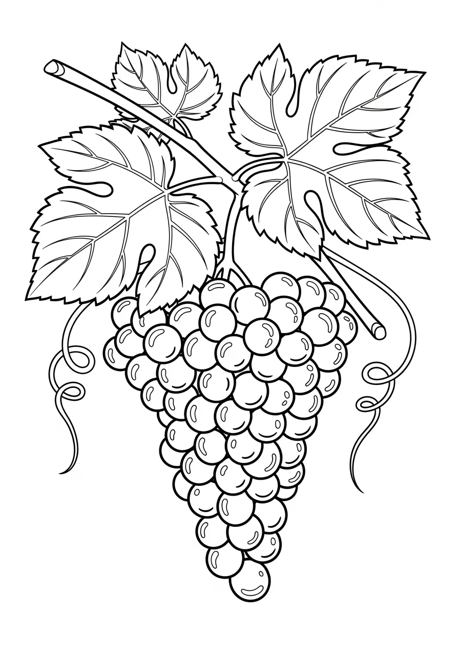 Desenho de uvas em um cacho para colorir, com folhas verdes