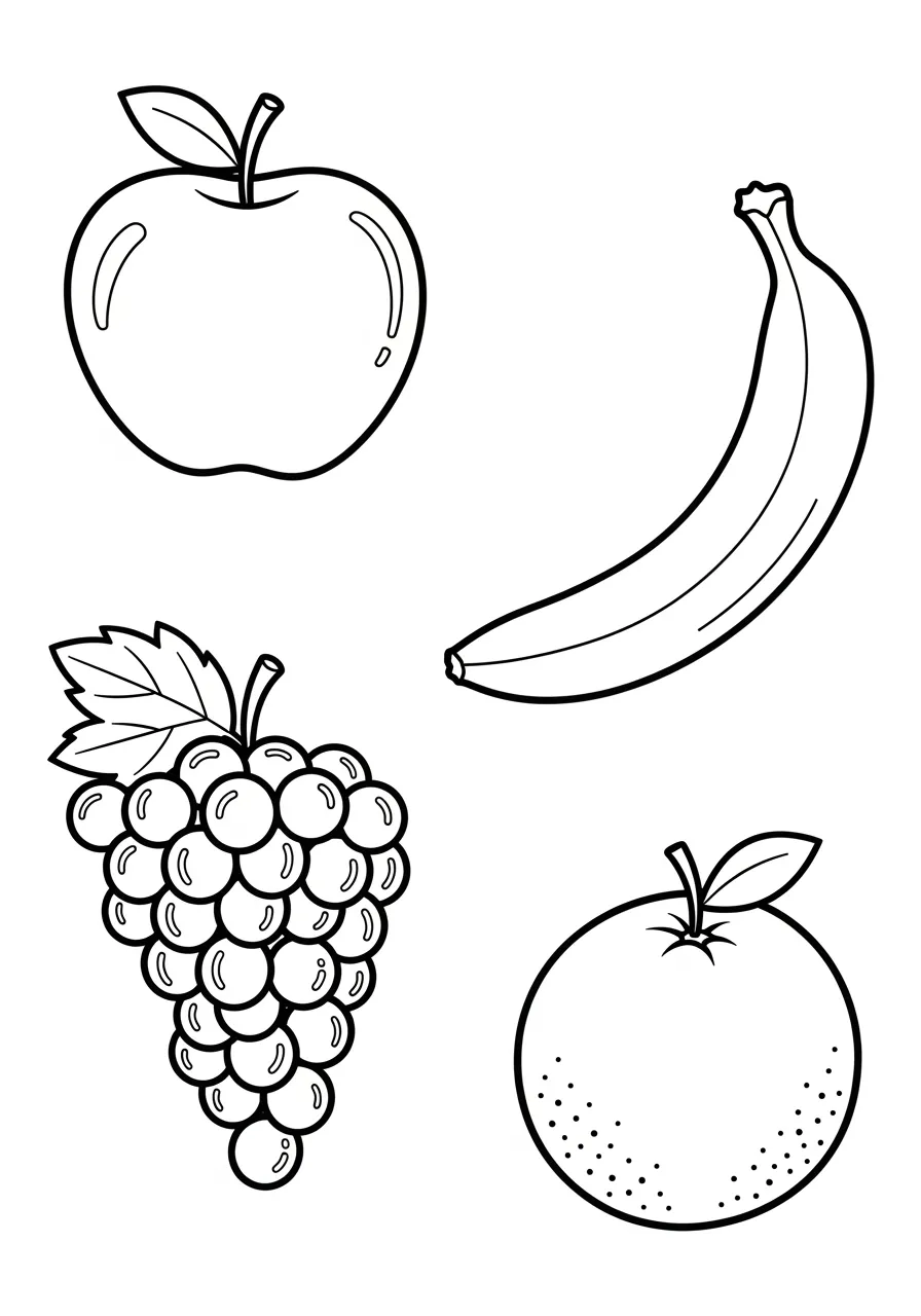 Desenho de frutas incluindo maçã, banana, uva e laranja para colorir