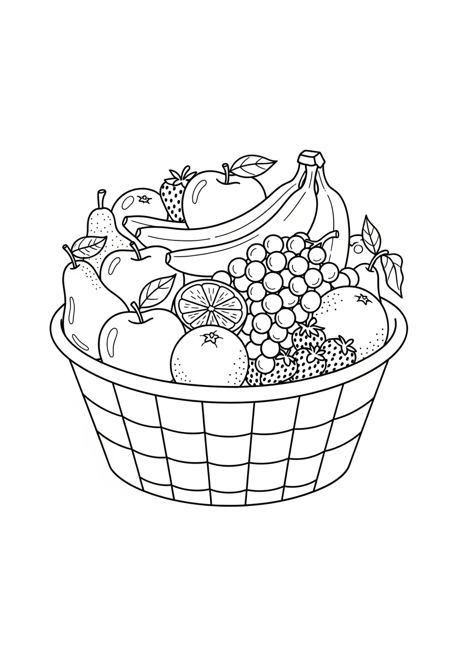 Cesta de frutas com maçãs, bananas, uvas e laranjas para colorir