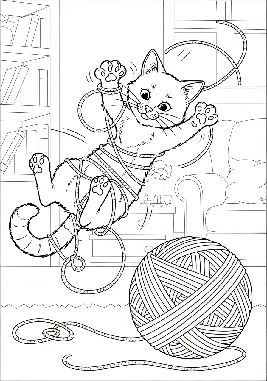 Gatinho brincando com novel de lã, pronto para colorir