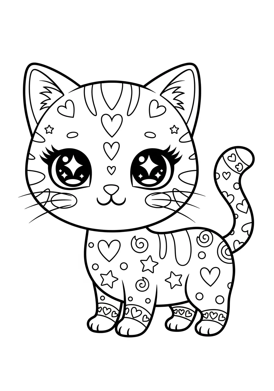 Desenho de um gatinho kawaii decorado com estrelas e corações para colorir