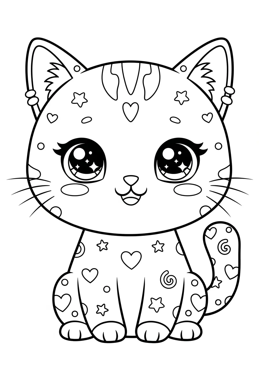 Desenho de um gatinho kawaii decorado com estrelas e corações, pronto para colorir
