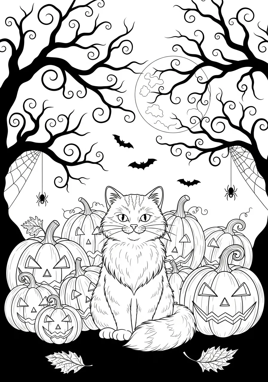 Desenho de um gato sentado entre abóboras de Halloween