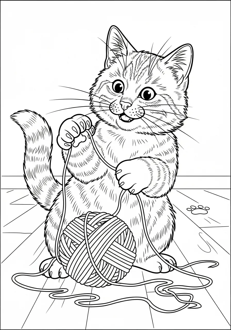 Gato fofo brincando com novel de lã, ideal para colorir.