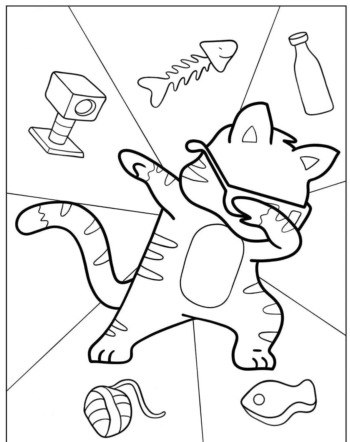 Gato estiloso com óculos escuros cercado por brinquedos e comida