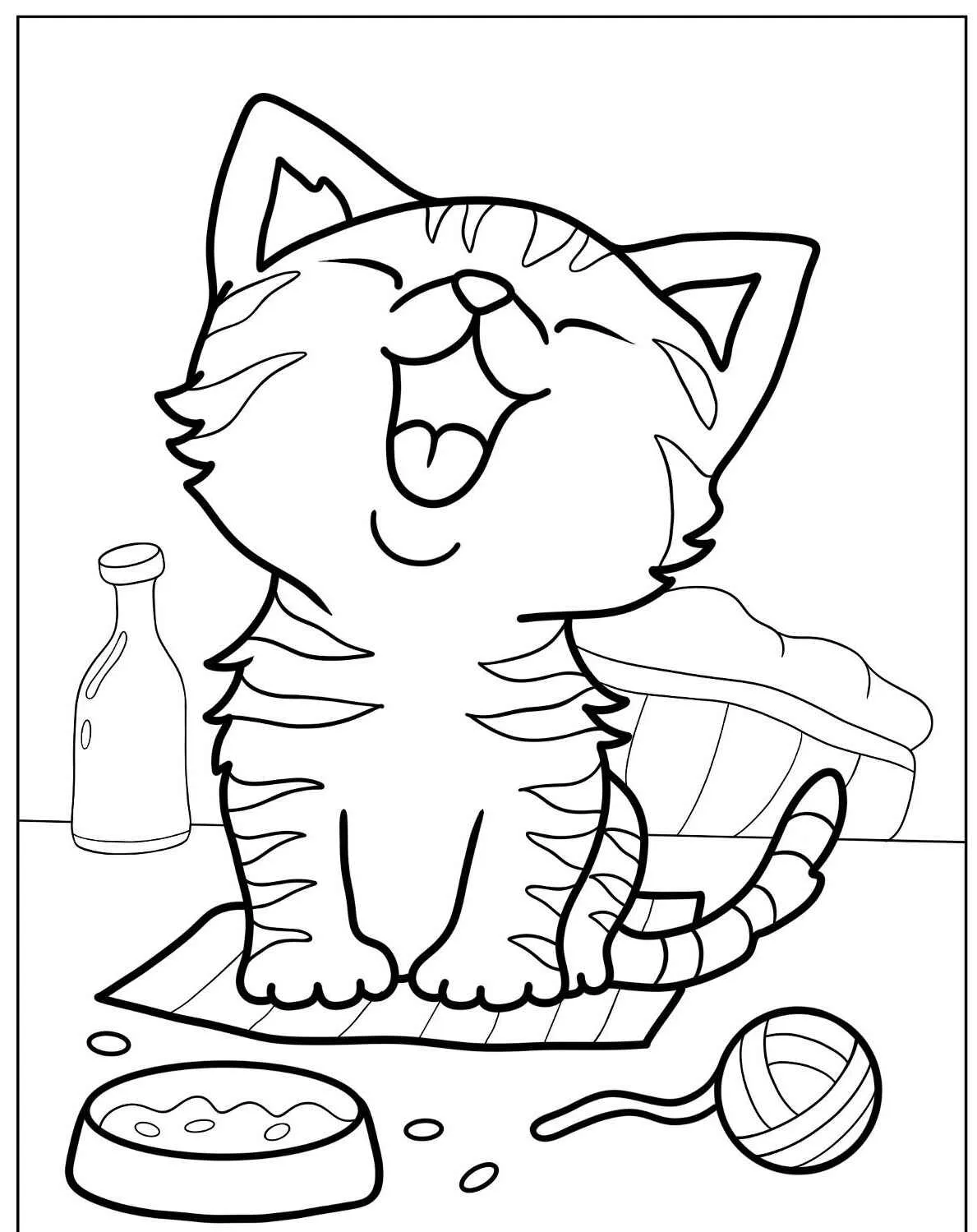 Desenho de um gato feliz sentado ao lado de uma bola de lã e comida