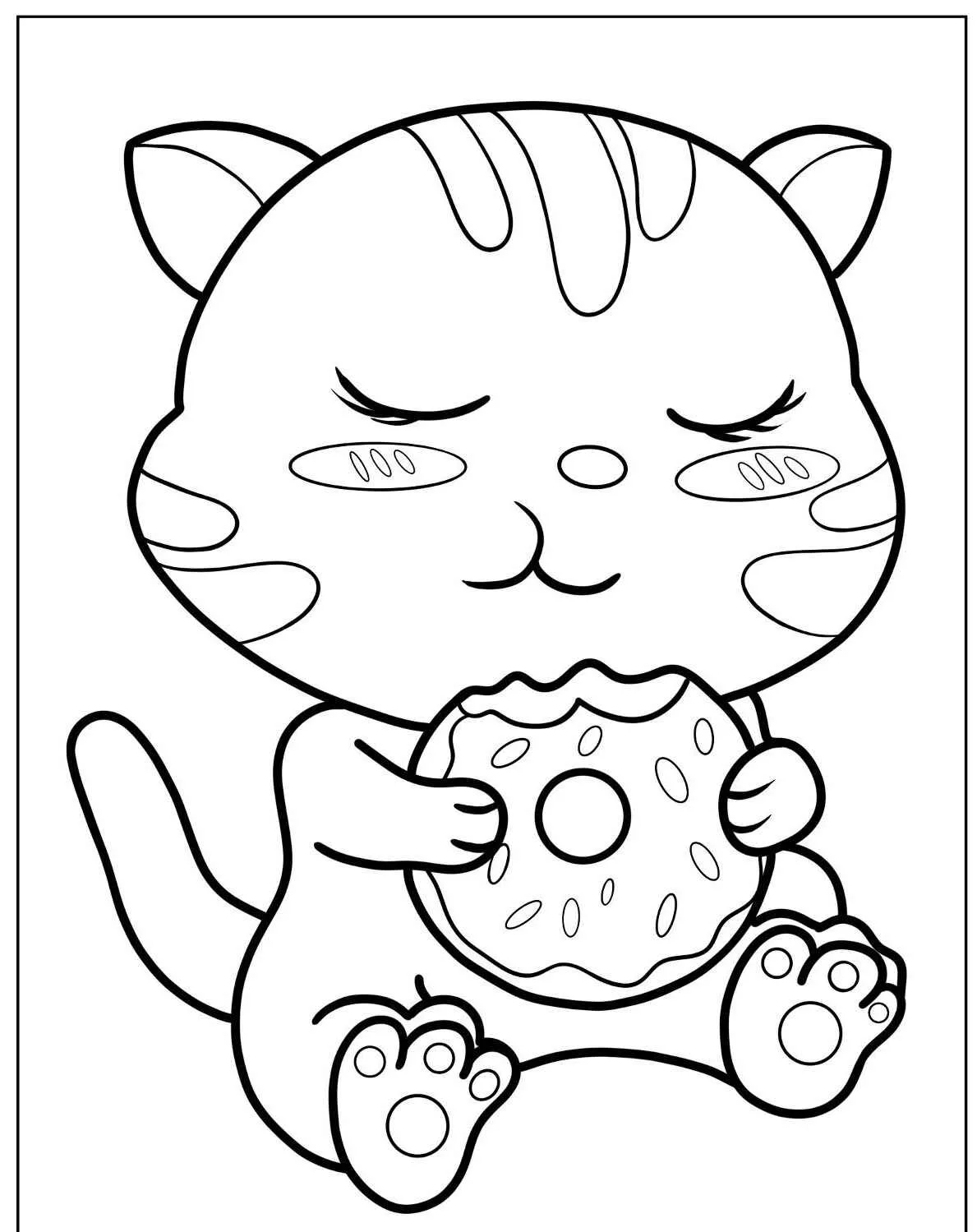 Gato fofo segurando um donut para colorir