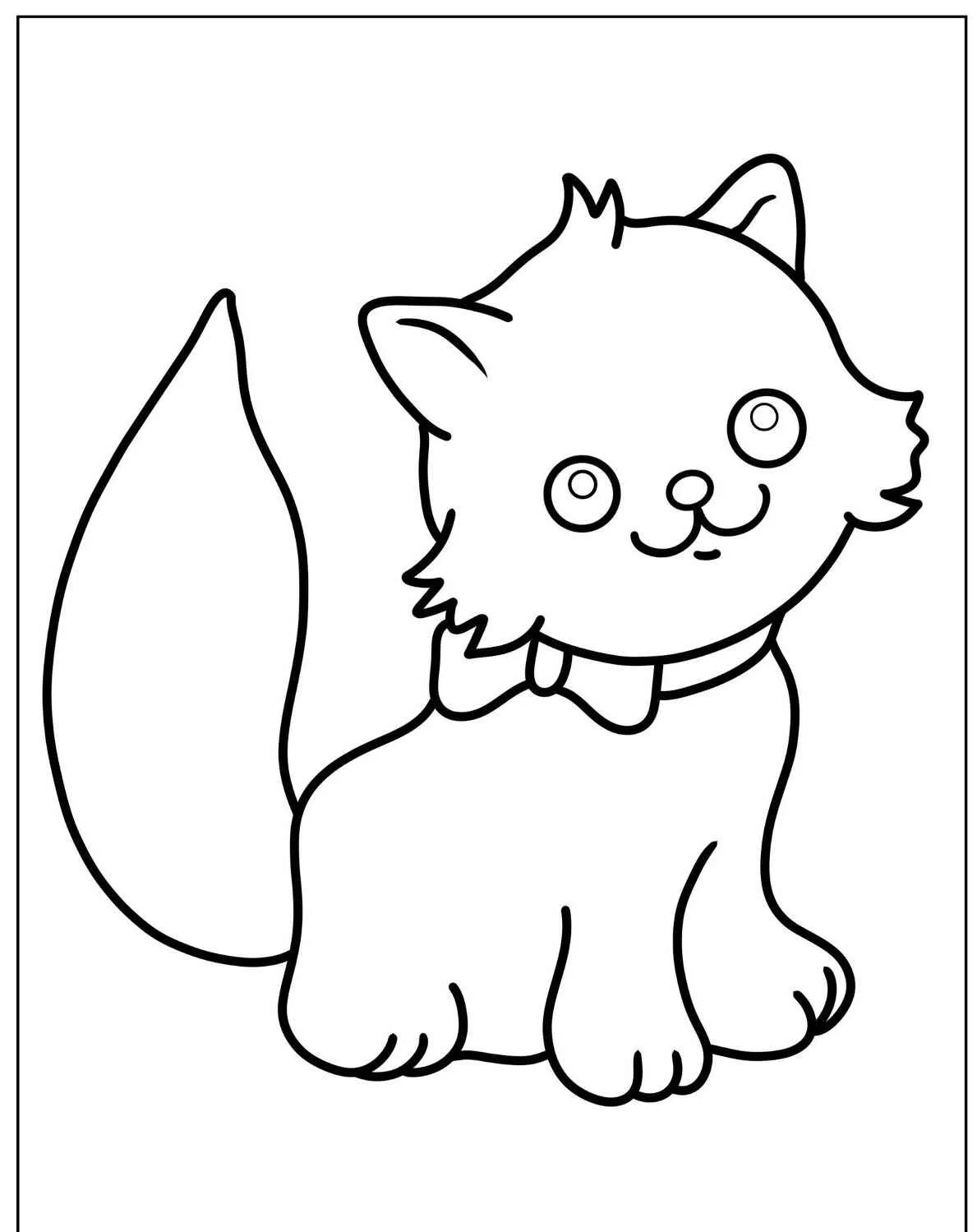 Desenho de um gato fofo sentado com um laço no pescoço para colorir