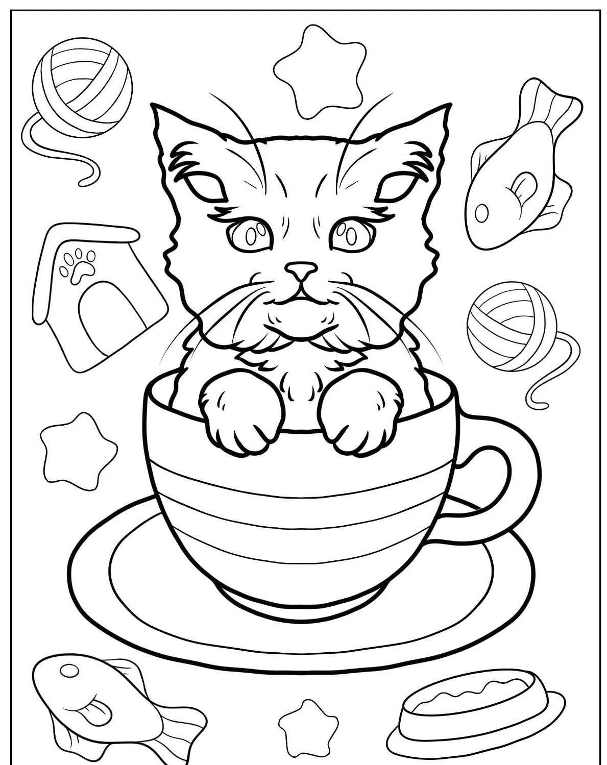 Desenho de um gato fofo sentado dentro de uma xícara com brinquedos ao redor para colorir