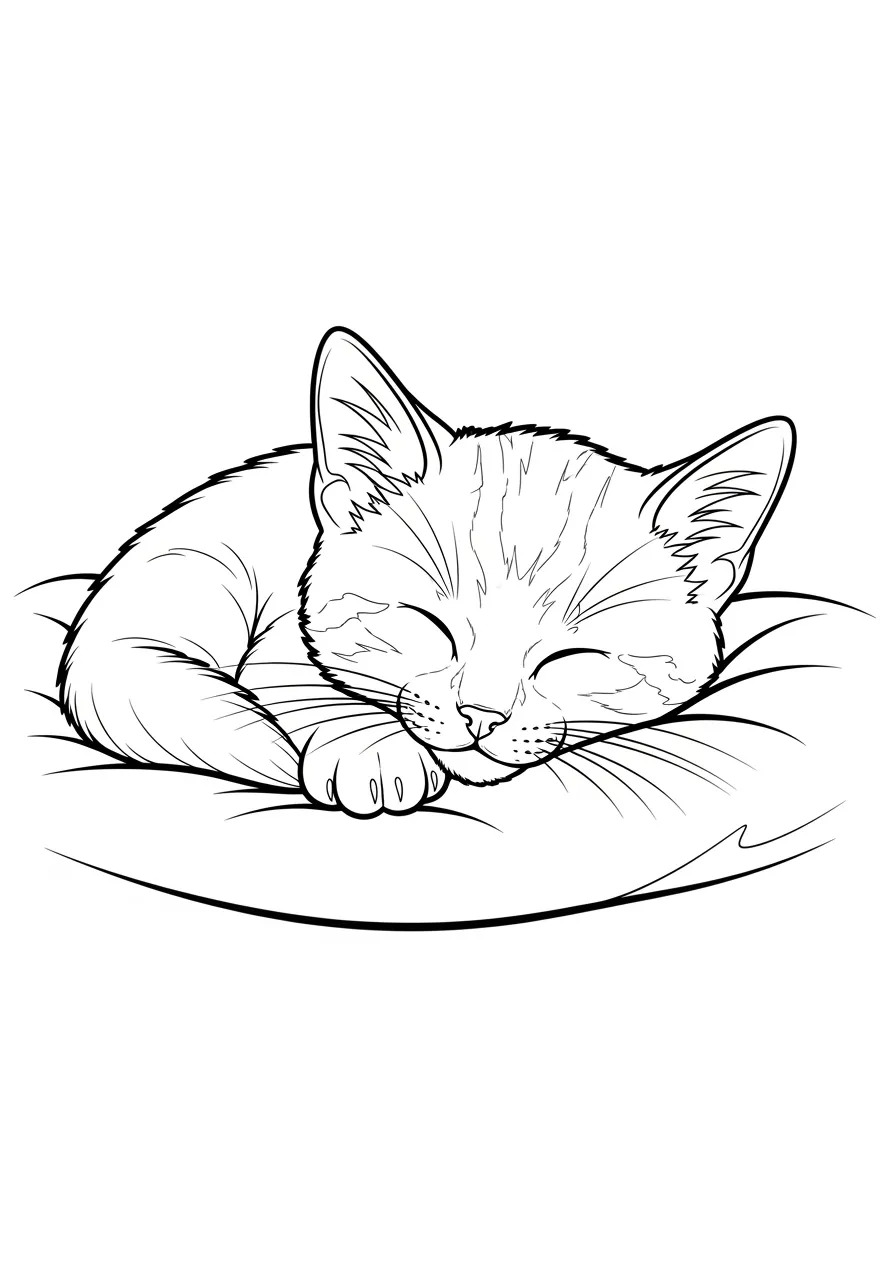 Desenho de um gato fofo dormindo em uma almofada, ideal para colorir.