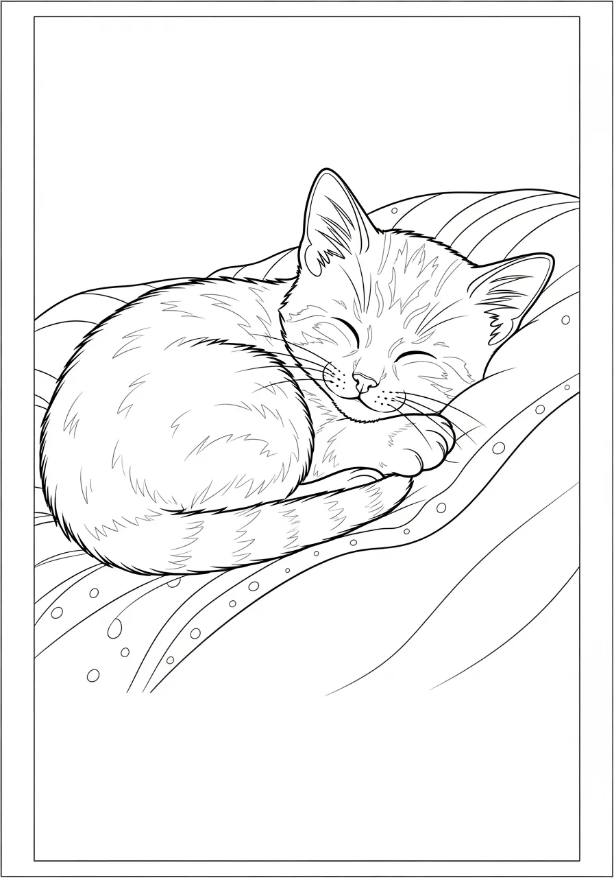 Desenho de um gato fofo dormindo em uma cama