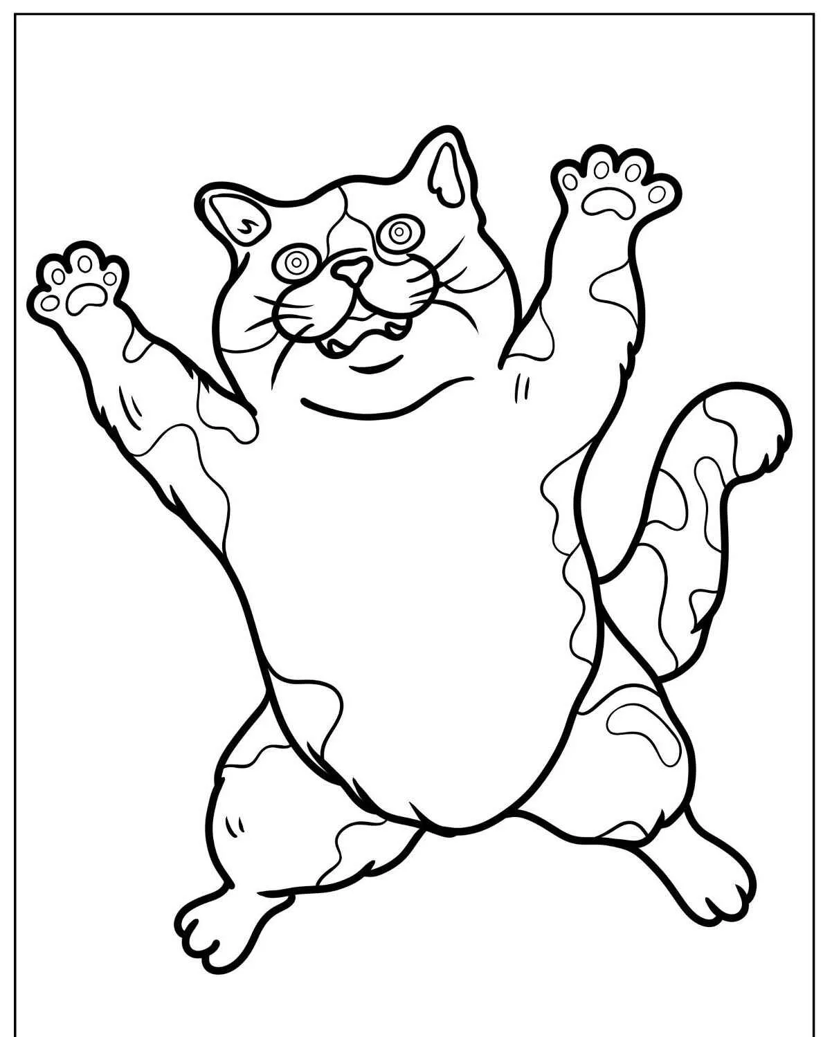 Desenho de um gato gordo pulando com as patas levantadas, pronto para colorir.