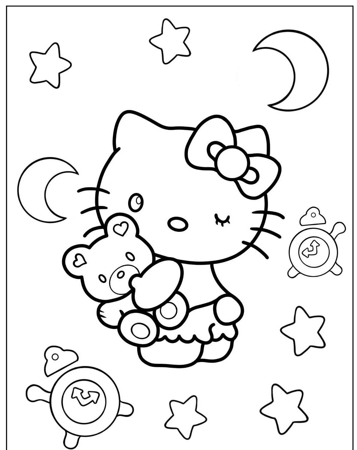 Desenho de um gato estilo kawaii segurando um urso de pelúcia, com estrelas e luas ao fundo.