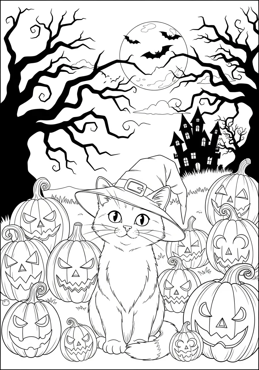 Gato com chapéu de bruxa em um cenário de Halloween com abóboras e uma casa assombrada