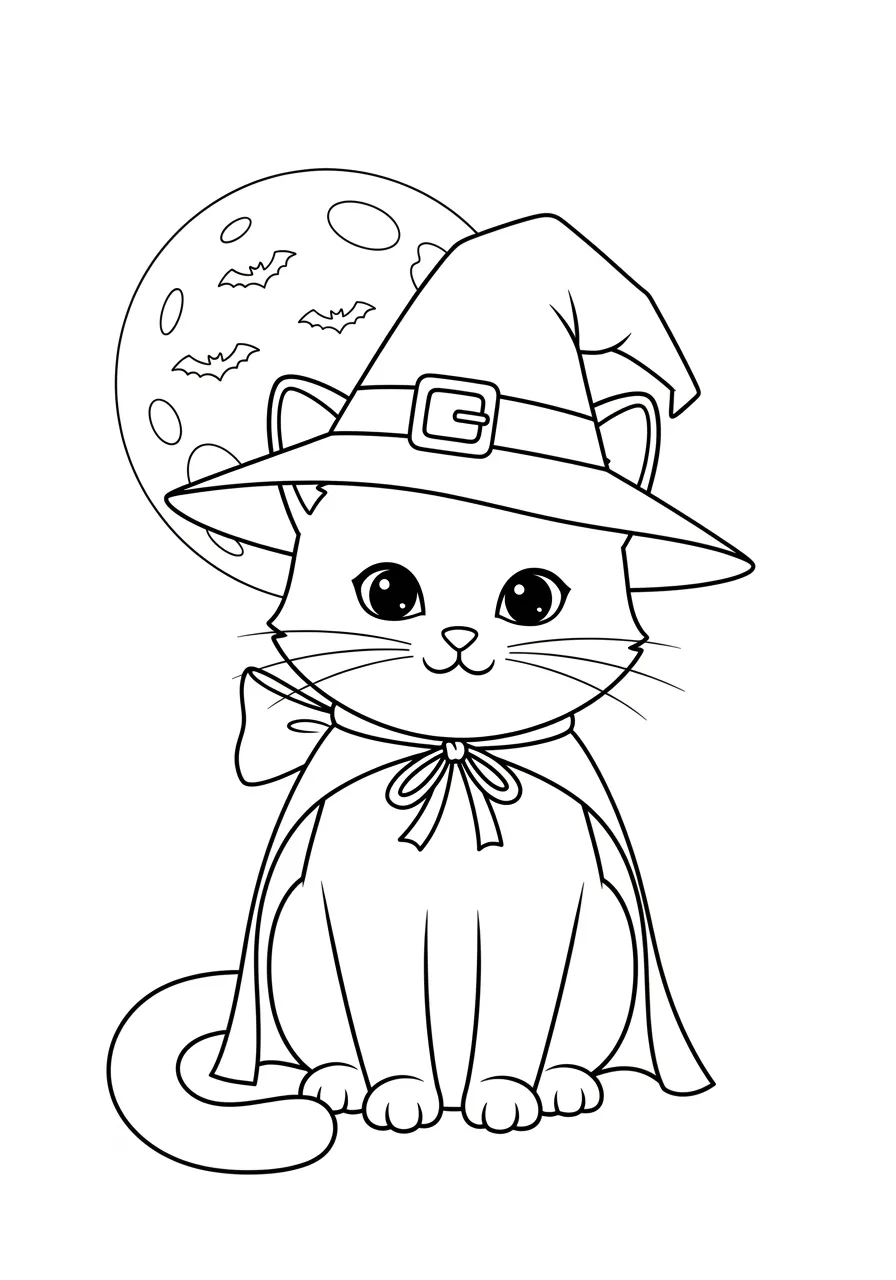 Desenho de um gato fofo usando um chapéu de bruxa e capa, com uma lua cheia ao fundo
